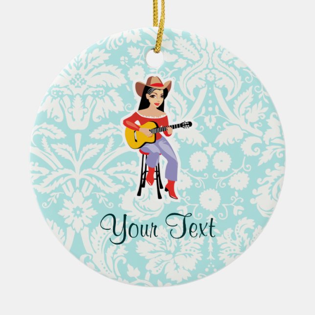 Cowgirl with Guitar; Cute Ceramic Tree Decoration (Front)