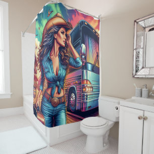 Cowgirl with Suitcase and Tour Bus Shower Curtain