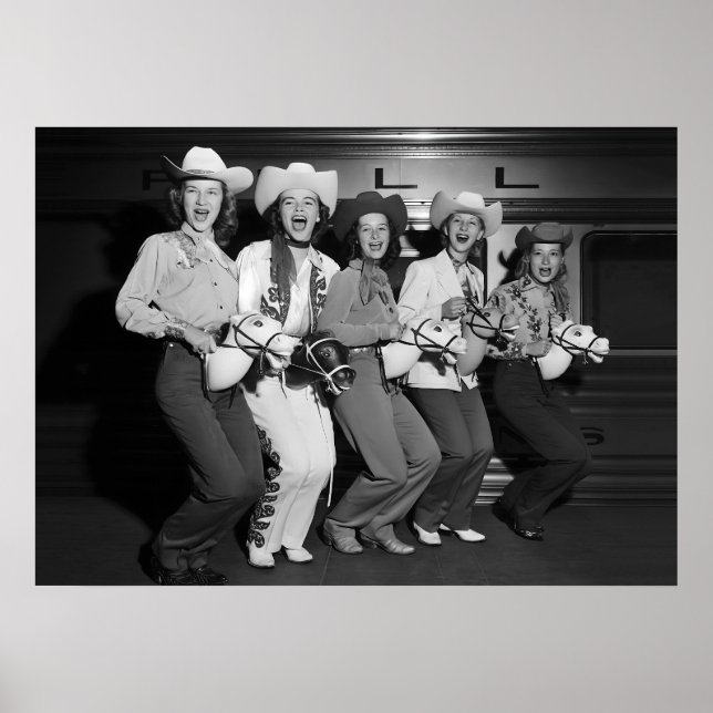 Cowgirls, Black and White, Old Photo Vintage Poster (Front)