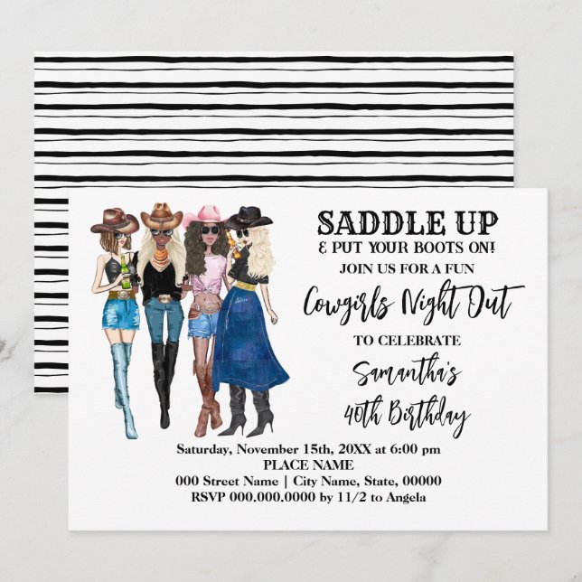 Cowgirls Saddle Up Western Birthday Invitation (Front/Back)