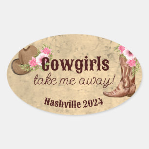 Cowgirls take me away rustic pink floral oval sticker