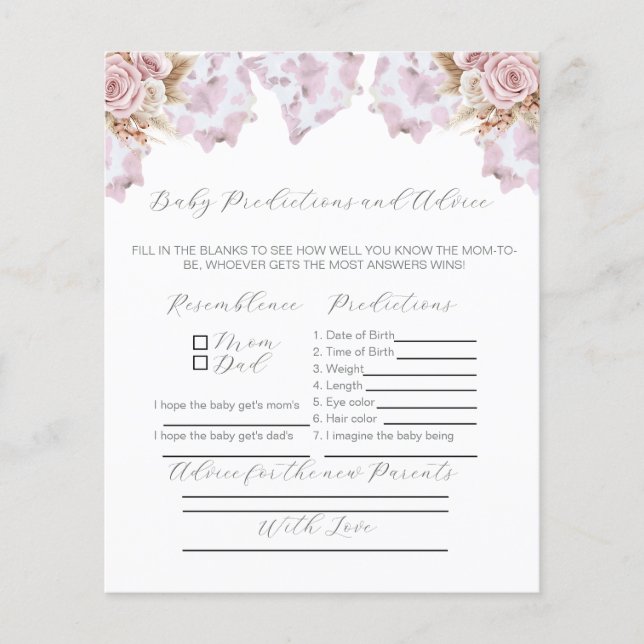 Cowhide Baby Shower Advice for new parents game (Front)