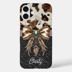 Cowhide Black Leather Jewel Bow iPhone 16 Plus Case