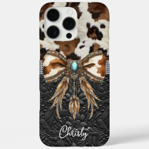 Cowhide Black Leather Jewel Bow iPhone 16 Pro Max Case