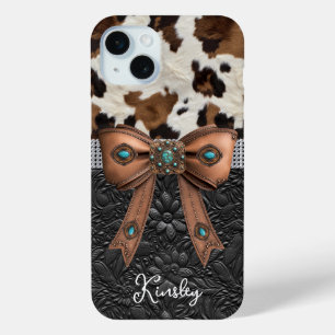Cowhide Black Leather Jewelled Bow iPhone 15 Mini Case