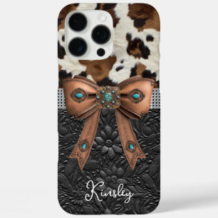 Cowhide Black Leather Jewelled Bow iPhone 16 Pro Max Case