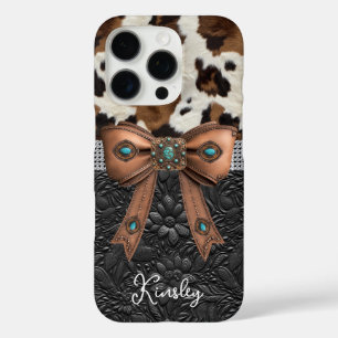 Cowhide Black Leather Jewelled Bow iPhone 16 Pro Case