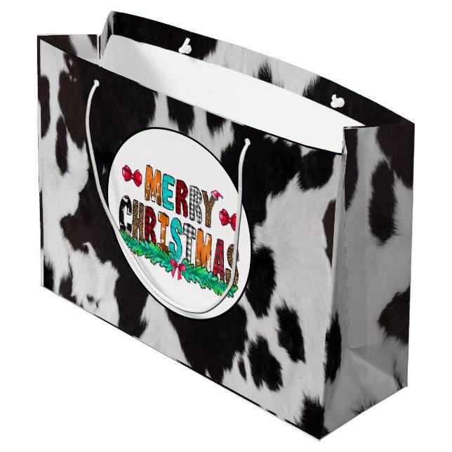Cowhide Black White Merry Christmas Large Gift Bag (Back Angled)