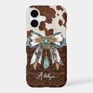 Cowhide Brown Leather Jewelled Bow