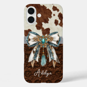 Cowhide Brown Leather Jewelled Bow iPhone 16 Plus Case