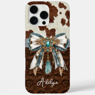 Cowhide Brown Leather Jewelled Bow iPhone 16 Pro Max Case