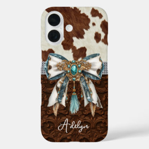 Cowhide Brown Leather Jewelled Bow iPhone 16 Case