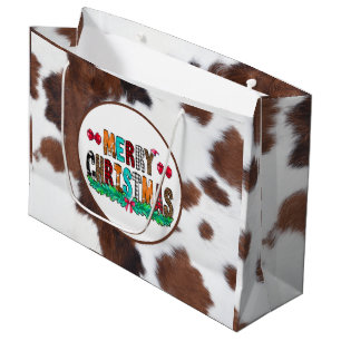Cowhide Brown White Merry Christmas Large Gift Bag