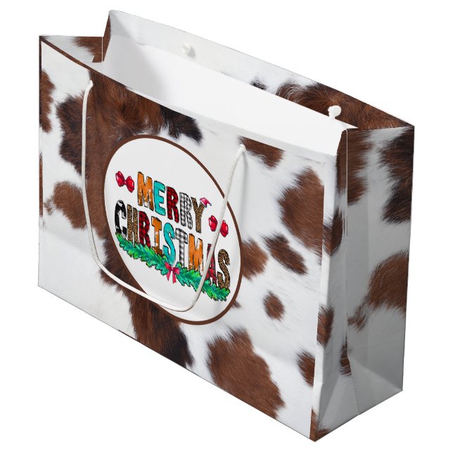 Cowhide Brown White Merry Christmas Large Gift Bag (Front Angled)