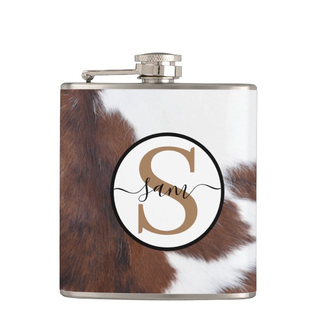 Cowhide Brown White Monogram Flash Drive Hip Flask (Front)