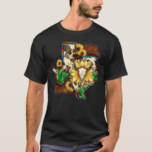 Cowhide Bull Skull Sunflower Texas Map T-Shirt