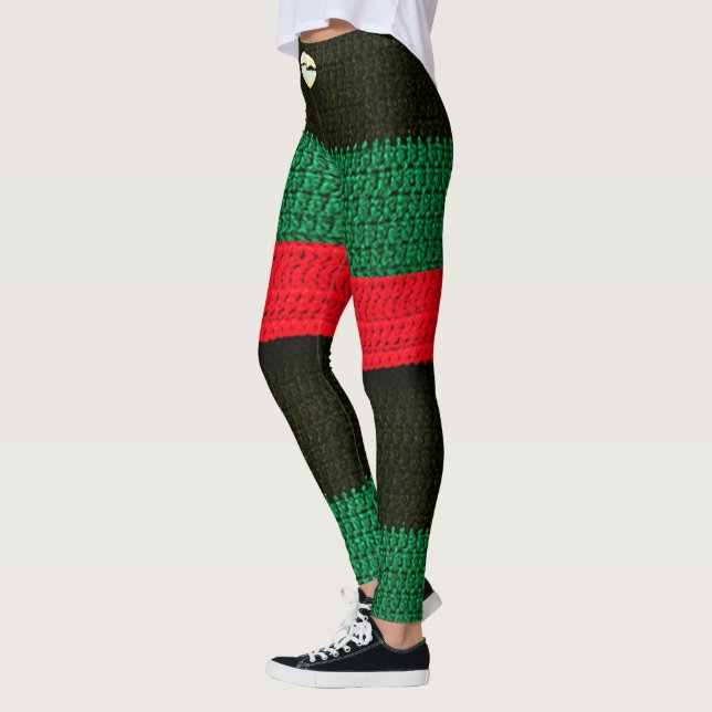 Cowrie Shell Red Black Green Artisan Crochet Print Leggings (Left)