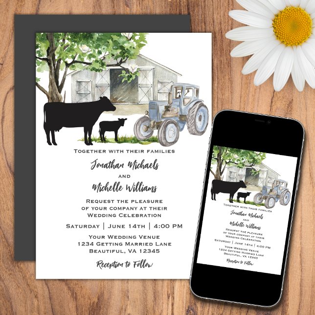 Cows and Tractor Country Farm Wedding Invitation (Creator Uploaded)