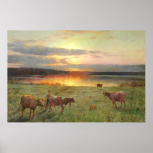 Cows are brought home for milking Vintage Farm Poster
