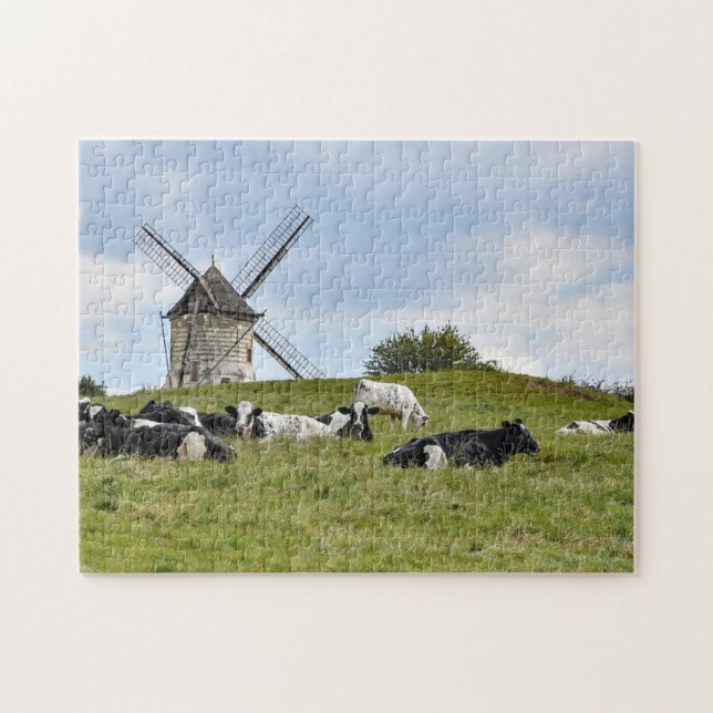 Cows Cattle Mill Windmill Farmland Pasture Jigsaw  Puzzle (Horizontal)