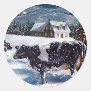 COWS: CHRISTMAS: SNOW: ART: HOLTEIN CLASSIC ROUND STICKER