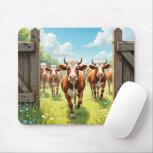 Cows Escaping Out of a Pasture Mouse Mat