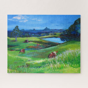 Cows grazing, Glasshouse Mountains Jigsaw Puzzle