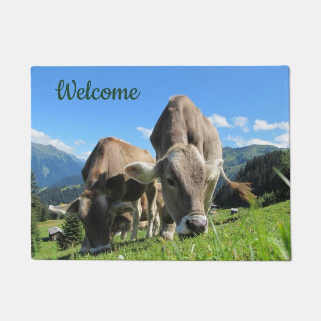 Cows Grazing Mountains Blue Sky Welcom Doormat (Front)