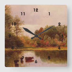 Cows in a Watering Landscape, Albert Bierstadt Square Wall Clock
