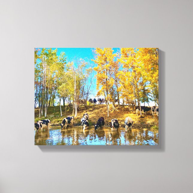 Cows in Autumn at the Pond Canvas Print (Front)
