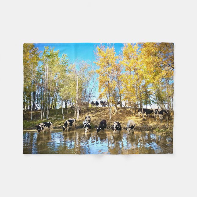 Cows in Autumn at the Pond Fleece Blanket (Front (Horizontal))