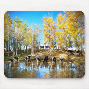 Cows in Autumn at the Pond Mouse Mat