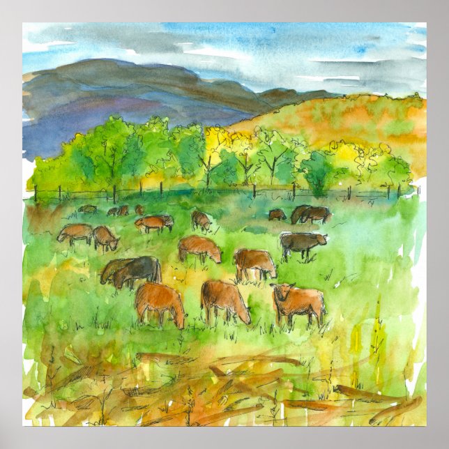 Cows In Pasture Farm Animal Watercolor Painting Poster (Front)