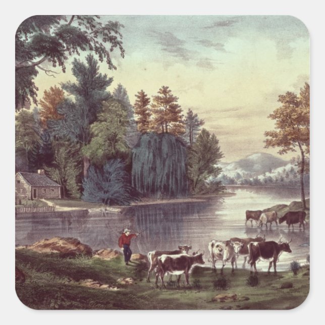 Cows on the Shore of a Lake Square Sticker (Front)