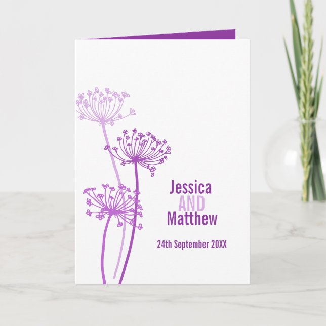 Cows parsley flower head purple wedding programme (Front)