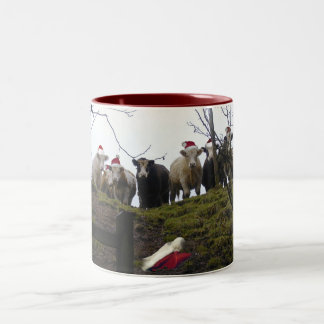 Cows wearing Santa hats Christmas gift mug. Two-Tone Coffee Mug