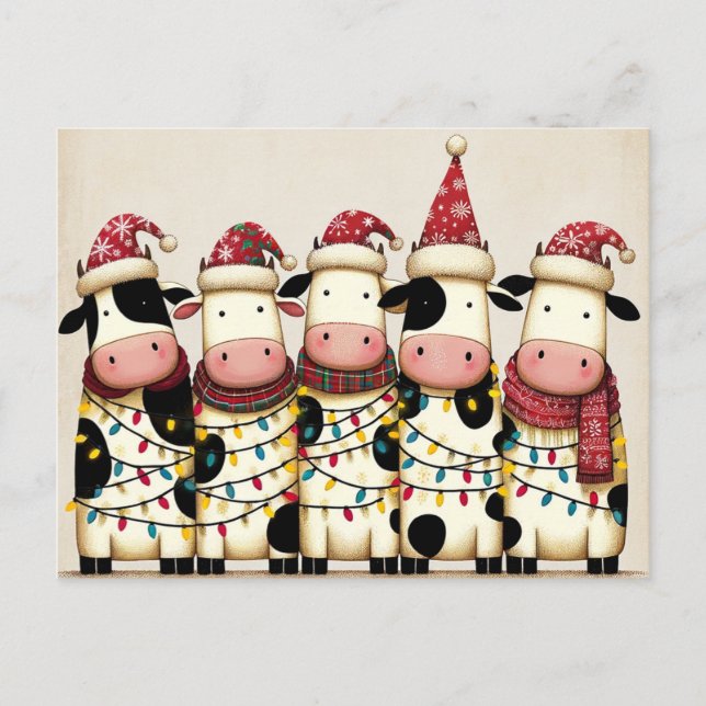 Cows with Santa Hat Christmas lights Holiday Postcard (Front)
