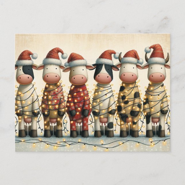 Cows with Santa Hat Christmas lights Holiday Postcard (Front)