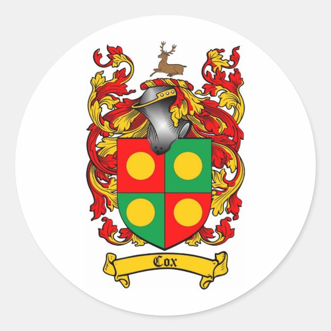 COX FAMILY CREST -  COX COAT OF ARMS CLASSIC ROUND STICKER (Front)