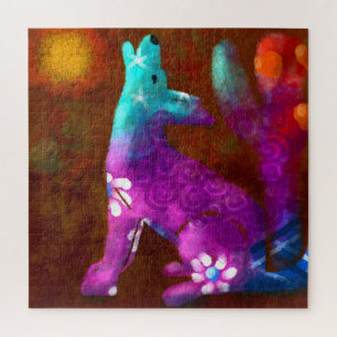 Coyote Abstract Art Saguaro Cactus Desert Brown Jigsaw Puzzle