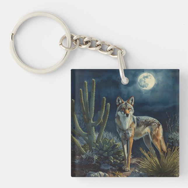 Coyote and Moon Desert Landscape Key Ring (Front)