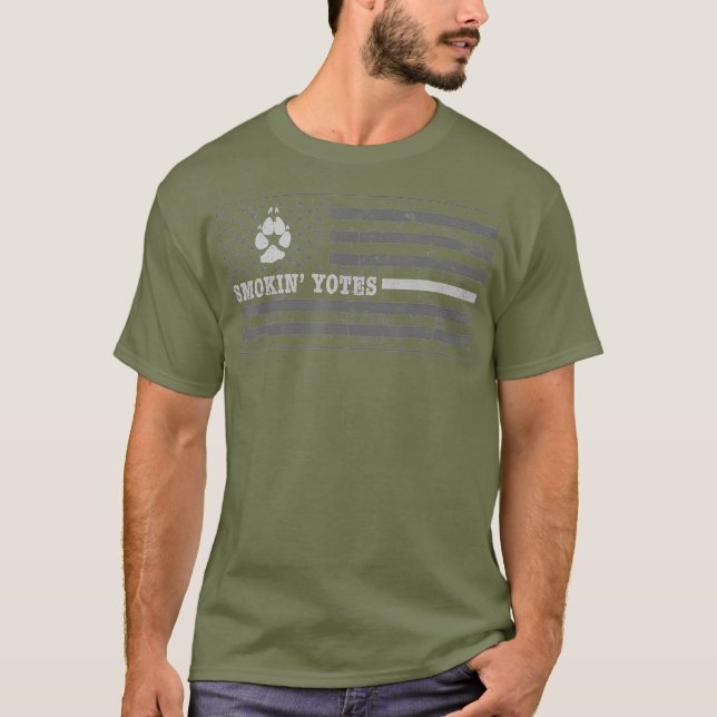 Coyote Hunting Smokin Yotes American Flag Yote T-Shirt (Front)