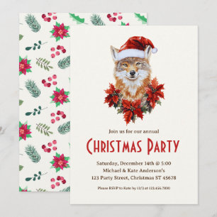 Coyote in a Santa Hat Poinsettias Christmas Party Invitation