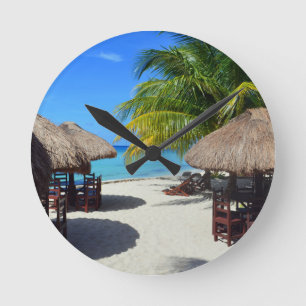 Cozumel Mexico Beach Hut Palm Tree Teal Water Vaca Round Clock