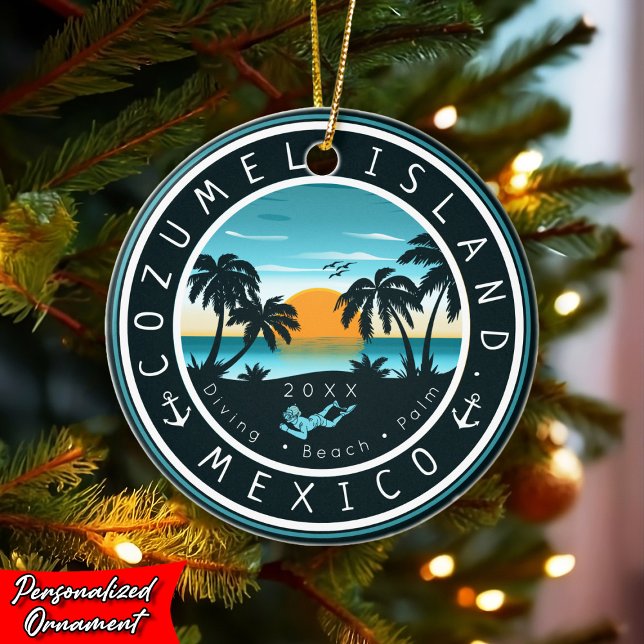 Cozumel Mexico Diving Retro Sunset Souvenir 80s Ceramic Tree Decoration (Creator Uploaded)
