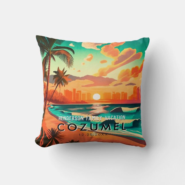 Cozumel Mexico Palm Tree Vintage Travel Souvenir Cushion (Front)