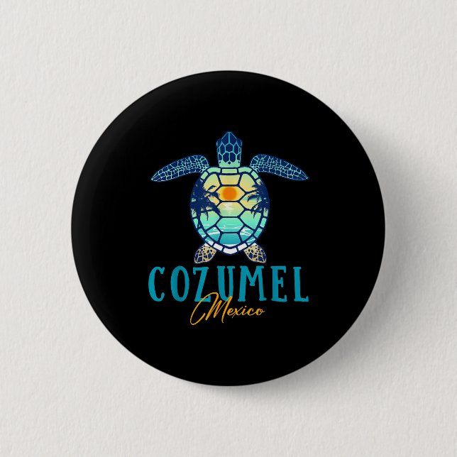 Cozumel Mexico Sea Turtle Palm Tree Sunset Beach V 6 Cm Round Badge (Front)
