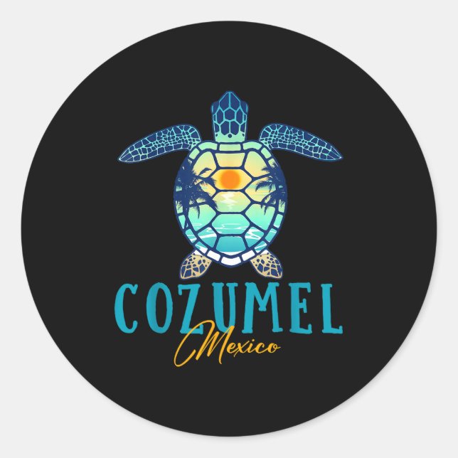 Cozumel Mexico Sea Turtle Palm Tree Sunset Beach V Classic Round Sticker (Front)