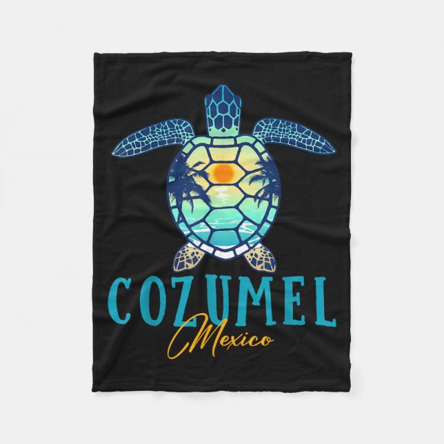 Cozumel Mexico Sea Turtle Palm Tree Sunset Beach V Fleece Blanket (Front)