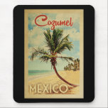 Cozumel Palm Tree Vintage Travel Mouse Mat<br><div class="desc">A uniquely retro mid-century modern Cozumel Mexico art print in vintage travel poster style. It features a curved palm tree on sandy beach with ocean under a blue cloudy sky.</div>